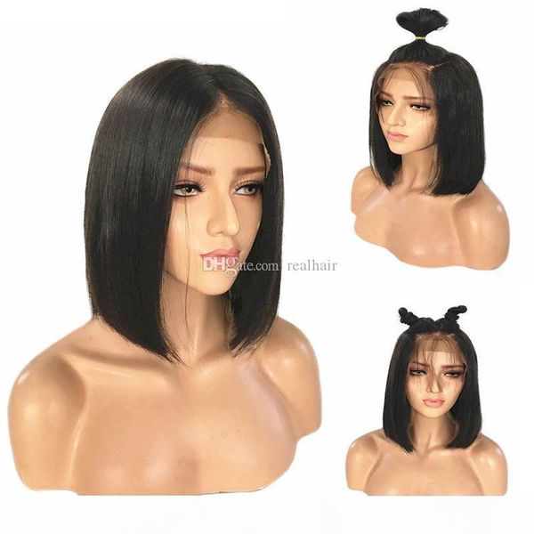 

9a pre plucked lace front wigs with baby hair silky straight brazilian virgin short human hair bob wigs for black women, Black;brown