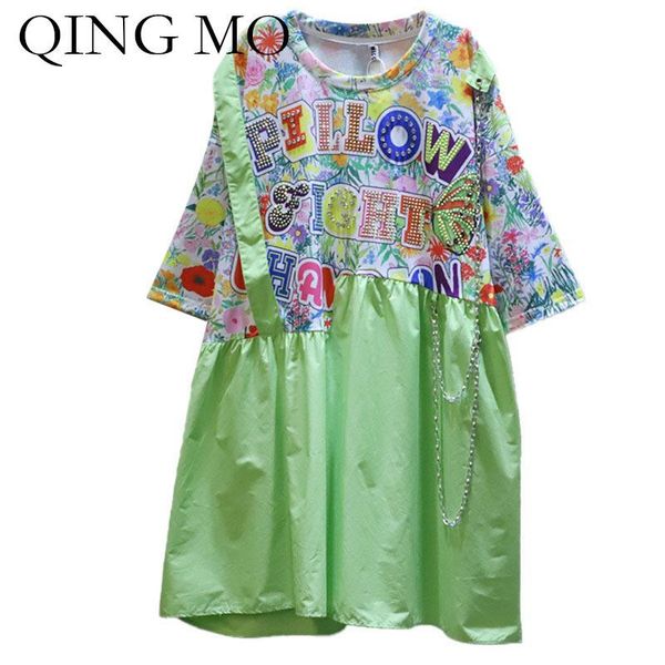 

casual dresses qing mo large size women colorful flower dress 2021 summer letter rhinestone female plus a line zqy7414, Black;gray