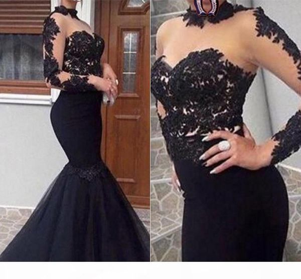 Schwarze Abendkleider mit langen Ärmeln, Spitzenapplikation, Meerjungfrau, Stehkragen, Tüll, bodenlang, nach Maß, Abschlussball, Party, Ballkleid, Vestidos 401 401