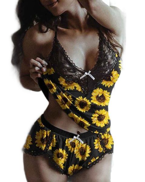 

20212021 sunflower printing underwear black lace pajamas, Red;black