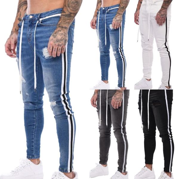 

men's jeans casual drawstring oversize pencil pants fashion side striped hip hop retro slim ripped denim man, Blue