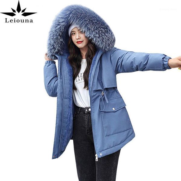

leiouna plush thick winter jacket women solid plus size big fur collar short down cotton with hooded ladies parka coat women's & parkas, Black