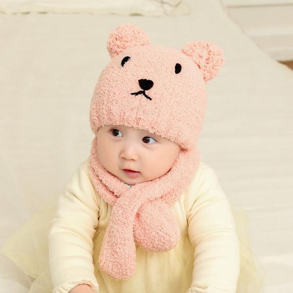 

caps & hats 2pcs baby hat scarf set cartoon bear winter warm soft plush kids beanie solid color born boy girl scarves, Yellow