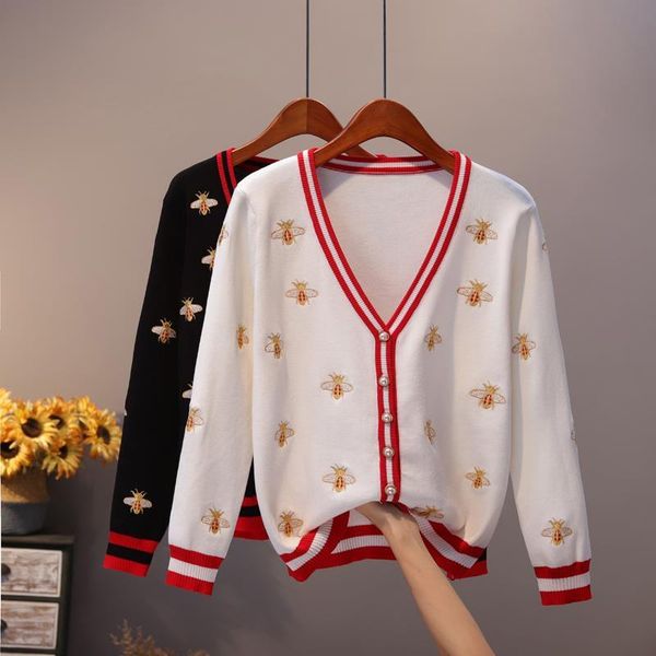

fashion designer bee embroidery cardigan long sleeve single breasted contrast color button knitted sweaters, White;black