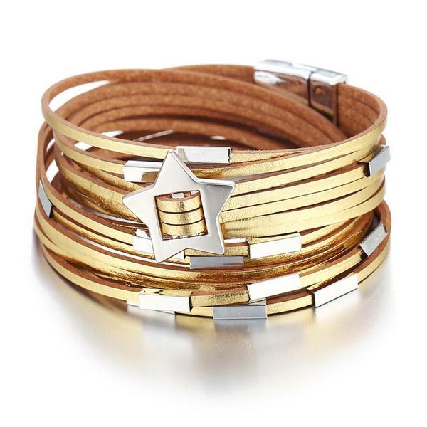 

tennis multilayer magnet wrap bracelets for women star leather bracelet shiny gold silver color bangle female trendy jewelry gifts, Golden;silver