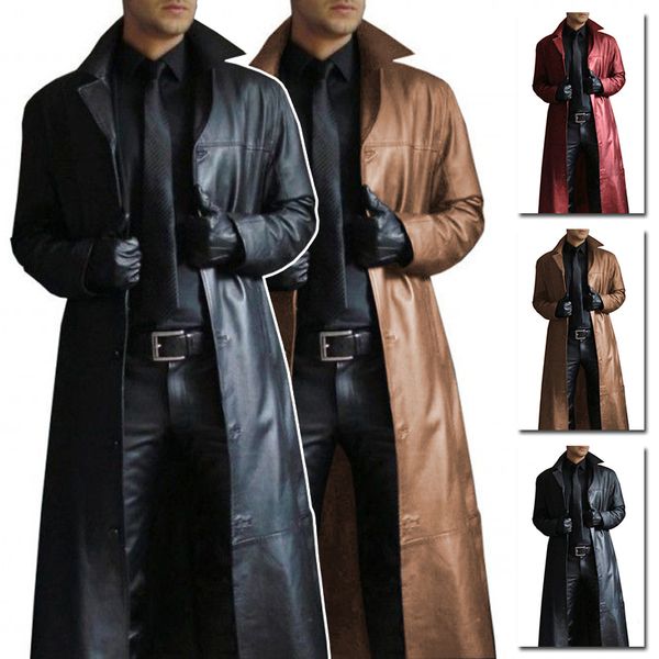 

classic men luxury fashion medieval steampunk gothic long leather jackets vintage winter outerwear faux leather trench coat 5xl, Black