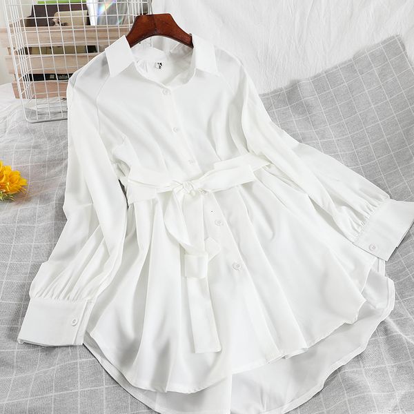 

2021 Spring Newcomers Solid Color Turn-down Collar Womanly Fashion String Long Shrit 8uv9, White