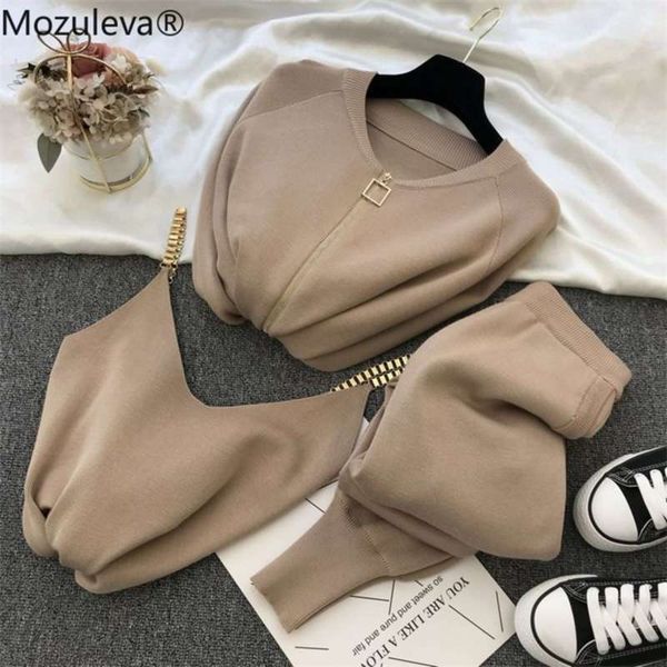 

mozuleva women autumn winter knitted vest zipper cardigans pants 3pcs sets tracksuits outfits 210925, White