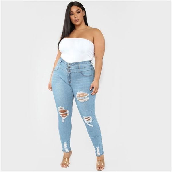 

plus size for women high waist ripped skinny jeans fashion casual denim pencil pants l-5xl female clothing drop shipping, Blue