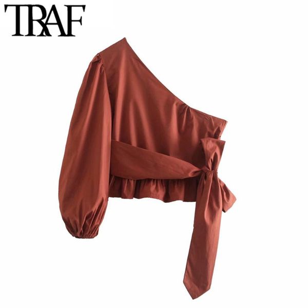 

women's blouses & shirts traf women fashion with bow tie ruffled crop vintage one shoulder lantern sleeve female chic, White