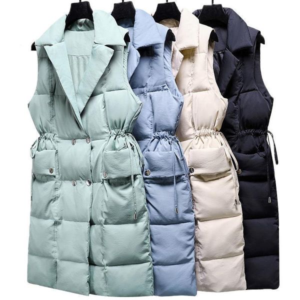 

women's vests 2021 autumn winter cotton padded down vest women mid-length warm sleeveless waistcoat sashes outerwear student jacket, Black;white