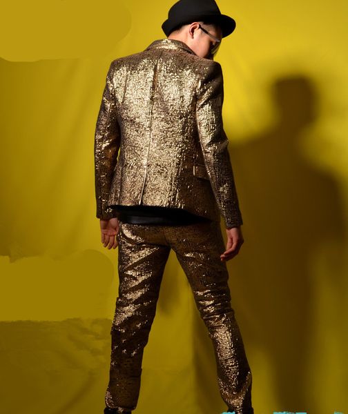 

(jacket+pants) male gold suits wedding groom prom dancer singer dress performance show nightclub clothing outdoors wear party, Black;red