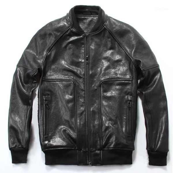 

men's leather & faux genuine fashion baseball jacket natural soft sheepskin casual coat men slim fit pilot for, Black
