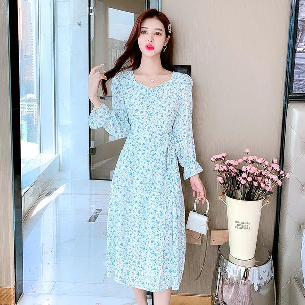 

casual dresses dress women autumn 2022 office lady french korea style long sleeve floral print chiffon v-neck, Black;gray