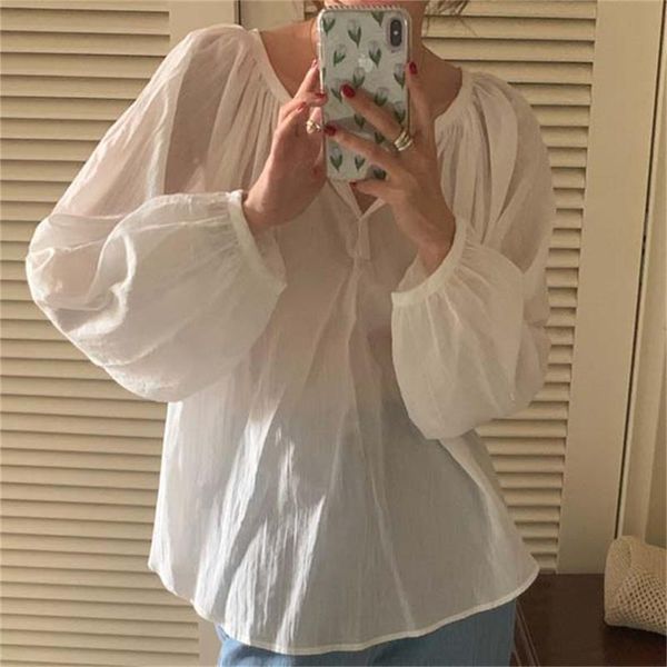 

women's blouses & shirts alien kitty autumn elegant sunscreen chic 2021 ol loose stylish pure color women full sleeves blusas mujer, White