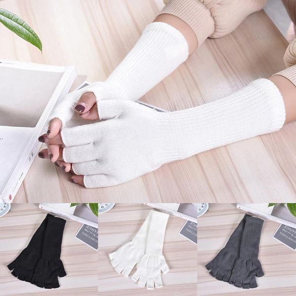 Длинные вязаные перчатки с пятью пальцами для женщин и девочек, весна-осень, зима, гетры, чистый белый, черный, серый, локоть