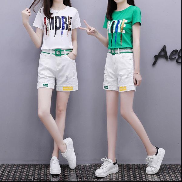 

2021 summer cotton womens track suit clothes set 2 piece sequin harajuku letter white jeans shorts pants outfit suit 3xl, Gray