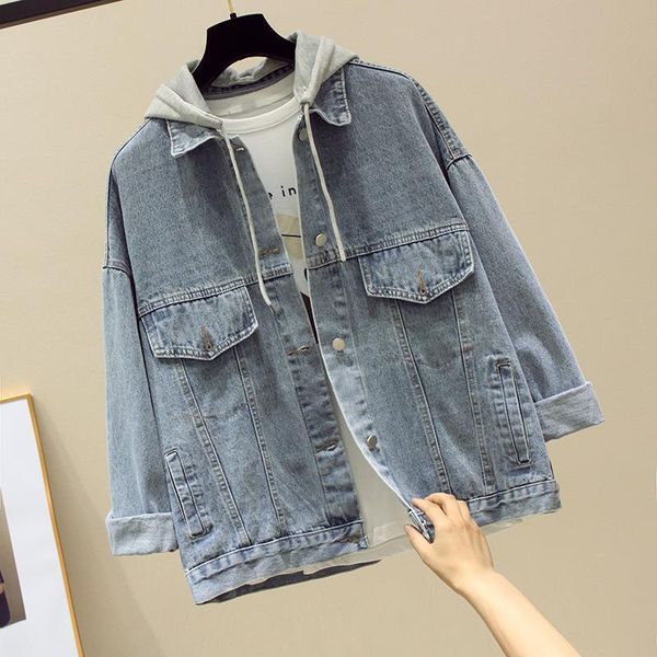 

women's jackets 2021 autumn embroidered denim jacket hooded loose korean version of the bf mid-length all-match clothes gown trend, Black;brown
