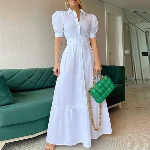

vintage puff sleeve women party maxi dress elegant striped office lady long dresses fashion turn-down collar button shirt dress 220311, Black;gray