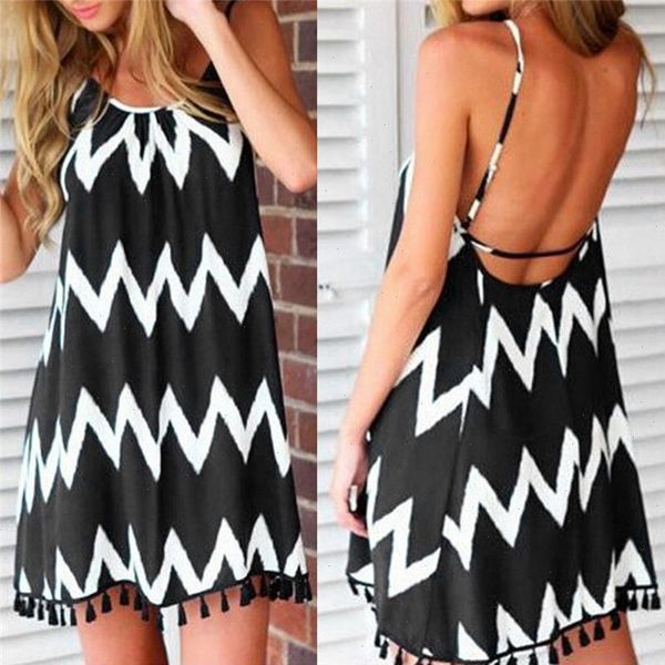 

women travel dress short summer boho dress sleeveless wave pattern beach dress strap sundress vestidos de festa new a20, Black;gray