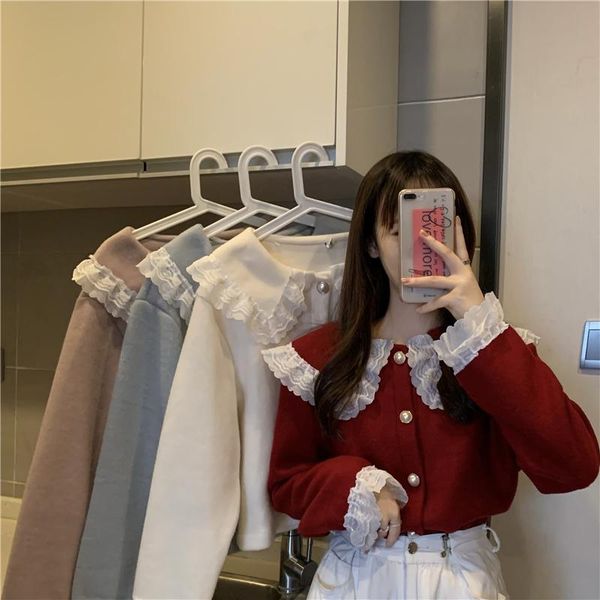 

sweet style long sleeve patchwork lace tees kawaii doll collar loose ladies women clothing hipster spring autumn t-shirts, White