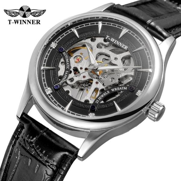 

wristwatches mens luxury watch mechanical t-winner wholesale leather strap men's hand wind skeleton silver case watches reloj hombre, Slivery;brown
