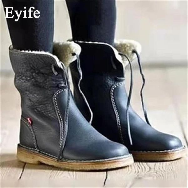 

boots eyife winter warm 2021 lace up artificial leather party & evening waterproof ladies snow shoes female mid calf, Black