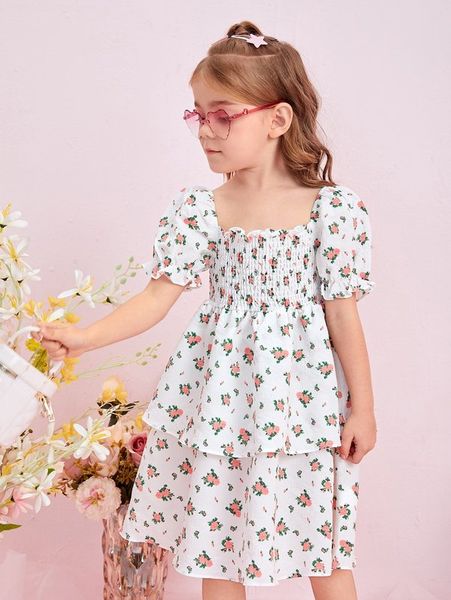 

toddler girls floral shirred puff sleeve layered hem dress she, Red;yellow