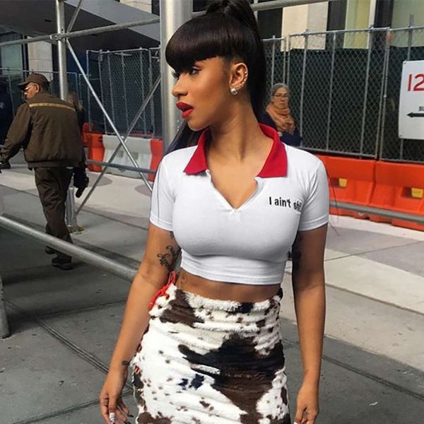 

2020 summer men's fashion color matching polo collar open navel t-shirt short sve top, White