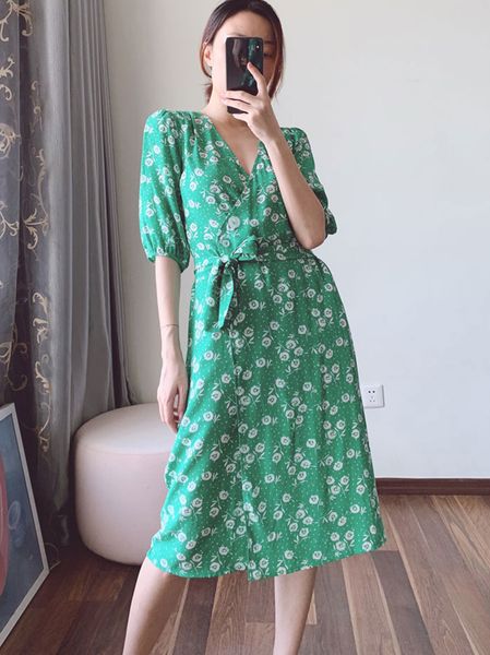 

2021 new nova mulher francesa prairie chic wrap de vero manga curta vestido longo com cinto e6ap, Black;gray