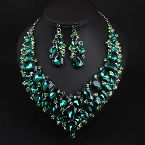 

exaggerated green crystal earring set necklace dress dinner women's accessories, Silver
