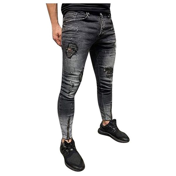 

men's jeans sweatpants hole pants casual summer autumn male ripped skinny trousers slim biker harajuku denim, Blue