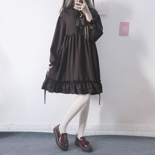 

casual dresses japanese gothic women black ruffle dress lantern sleeve lolita style student's sweet kawaii cute bow girl chiffon, Black;gray