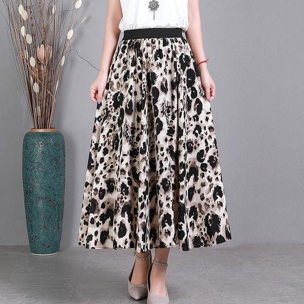 

skirts summer retro floral hearts leopard printed a-line calf long pleated, Black