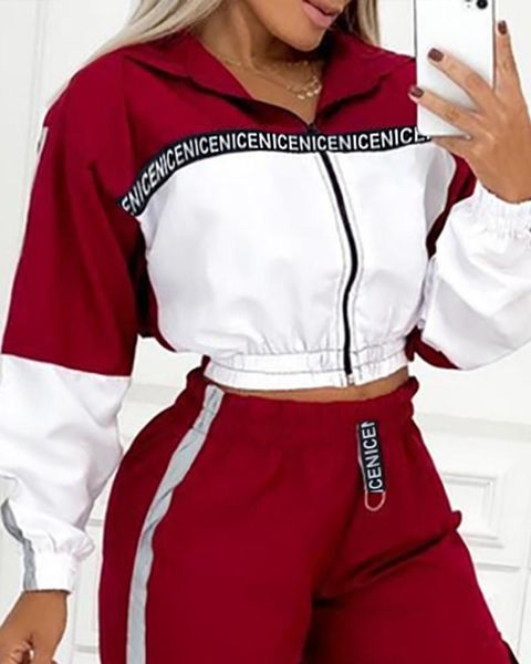 

women's two piece pants letter zip front hooded and cargo set, White