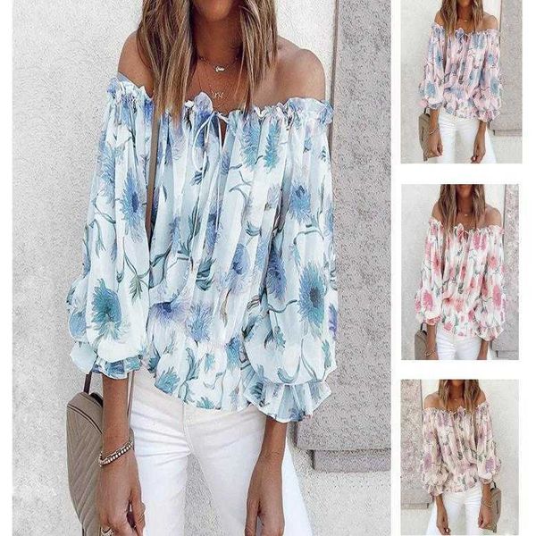 

2021 fashion t shirts one ne off shoulder chiffon shirt women's loose print long sleeve, White