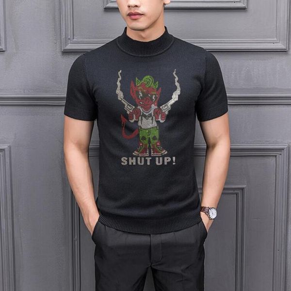 

men's sweaters cartoon design short sweater drill man with guns handsome rhinestones men, White;black