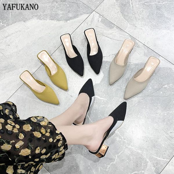 

slippers fashion half baotou pointed toe square heel slides brand knit breathable high heels sandals summer outside beach mules, Black