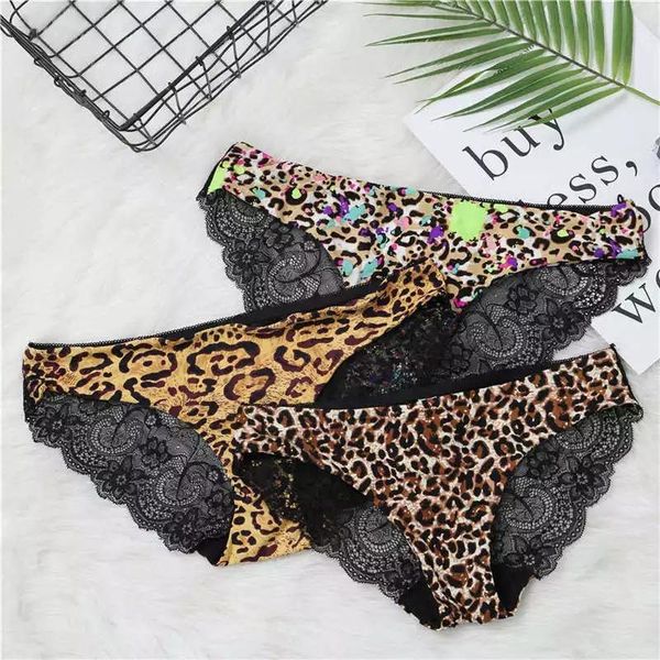 

women's panties fashion lace seamless underwear leopard ice silk for girl bikini cotton crotch transparent lingerie briefs, Black;pink