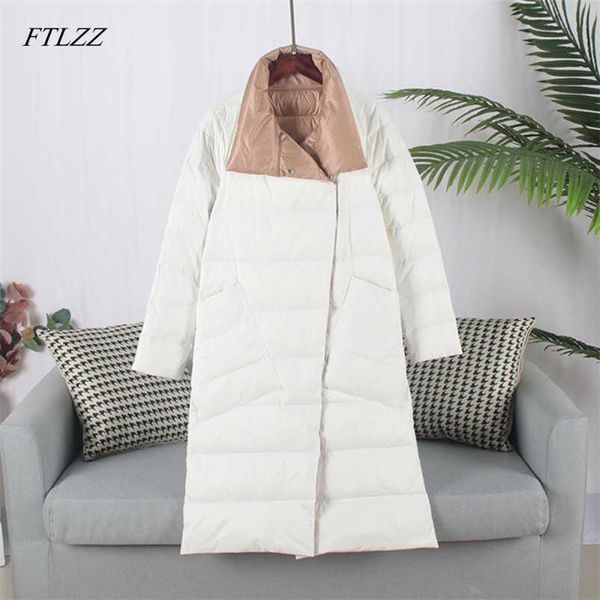 

ftlzz duck down jacket women winter long double sided plaid coat female plus size warm down parka slim outwear 210930, Black