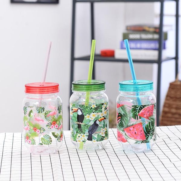 

mugs 500ml fashion cock cup creative mason bottle beach cold drink straw mug with handle juice dance party