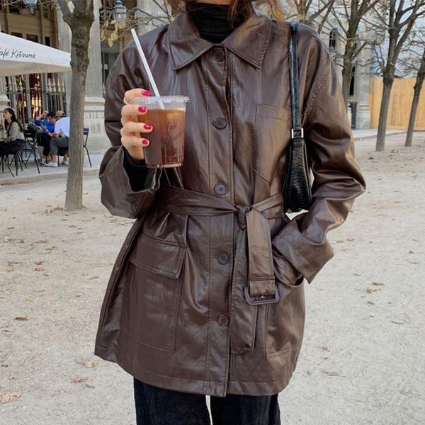 

women's leather & faux [ewq] korean autumn winter temperament lapel single breasted bandage waist closed multi pocket long sleeve pu co, Black