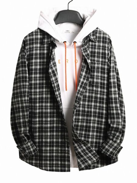 

men tartan print patched pocket shirt without hoodie 1994#, White;black