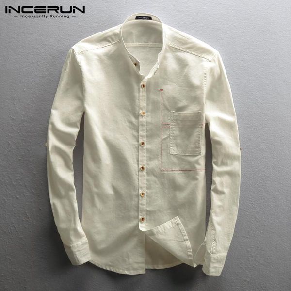 

incerun men cotton shirt brand long sleeve solid stand collar button streetwear blouse 2021 autumn chic casual camisa masculina, White;black