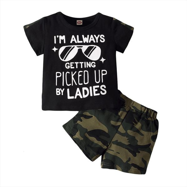 

summer kids baby girls suit set letter print o neck short sleeve camouflage high waist shorts clothes, White