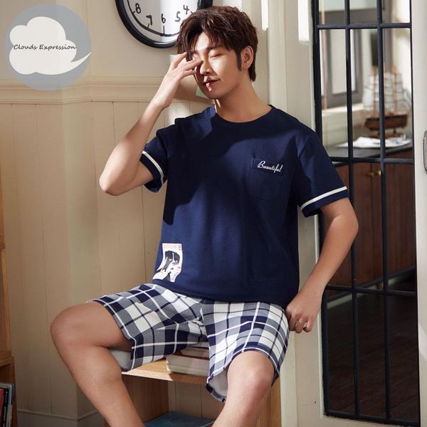 

brand new knitted cotton short sleeved men pajamas sets male pajama set letter pajama for men sleepwear suit homewear size xxxxl, Black;brown