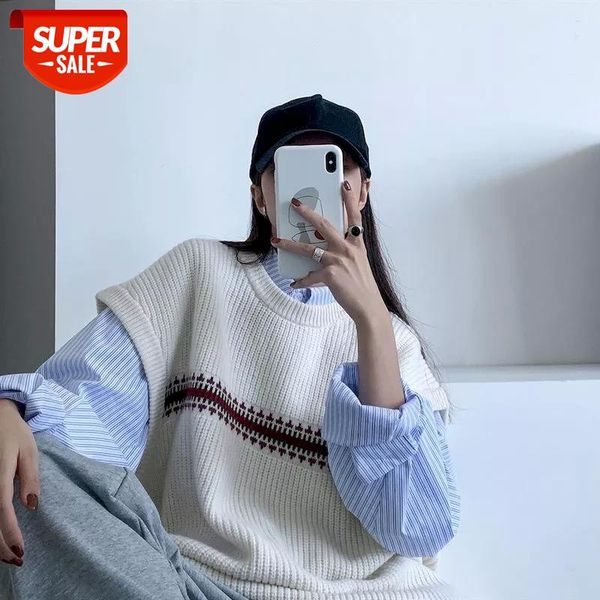 

sweater vest vest set autumn and winter retro striped female student striped shirt korean loose sweater one-piece suit #pf1q, White