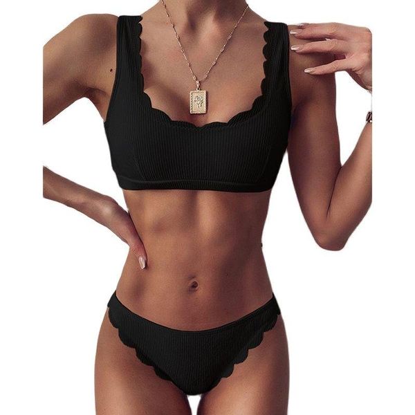 

push up bikinis 2021 swimsuits black swimwear women scalloped bathing suit women solid ribbed biquini bikini set bathers