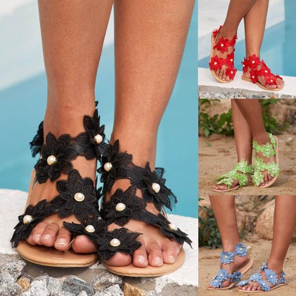 

sandals 2021 refreshing shoe sandal for ladies women summer flowers print slip-on shoes flat beach open toe breathable, Black
