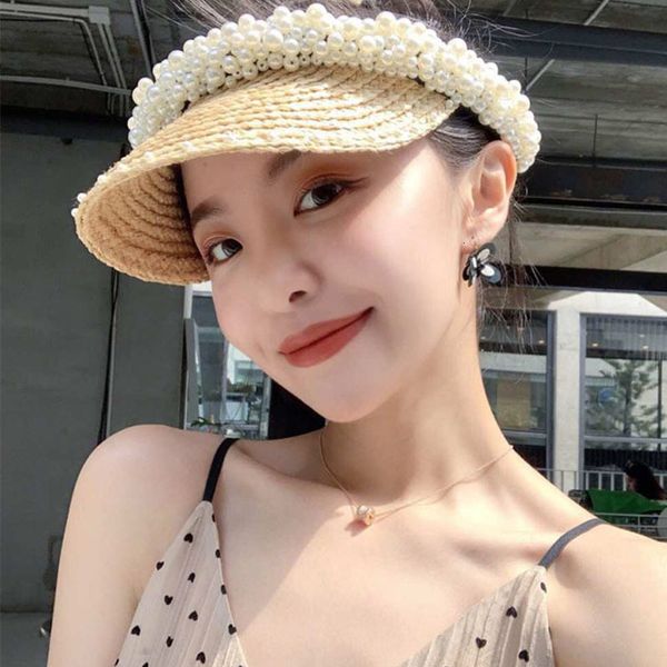 

2021 new pearls women summer female weaving raffia wide brim sun hat without straw hats derby beach visor cap jl7z, Blue;gray